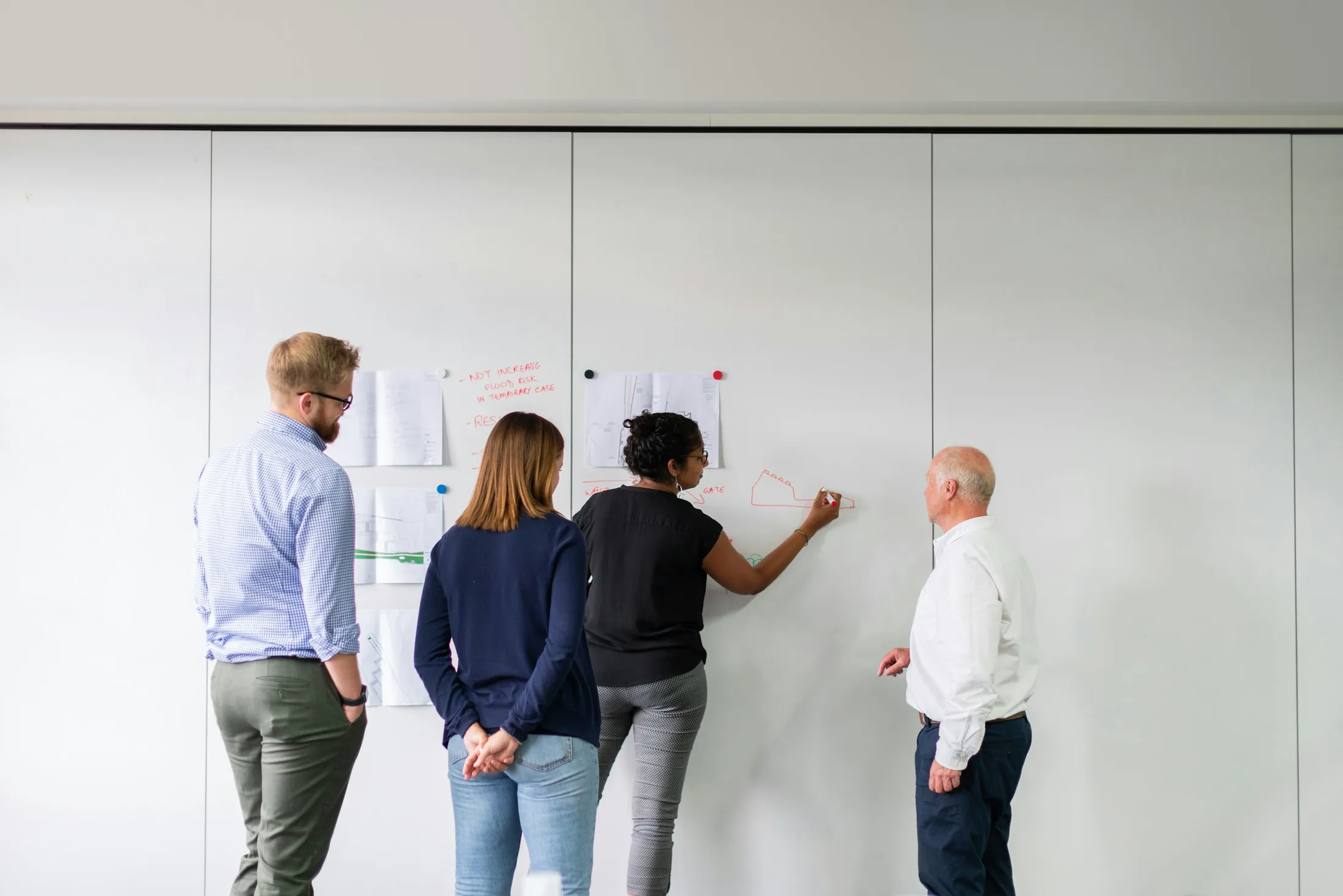 A team planning a solution together at a whiteboard