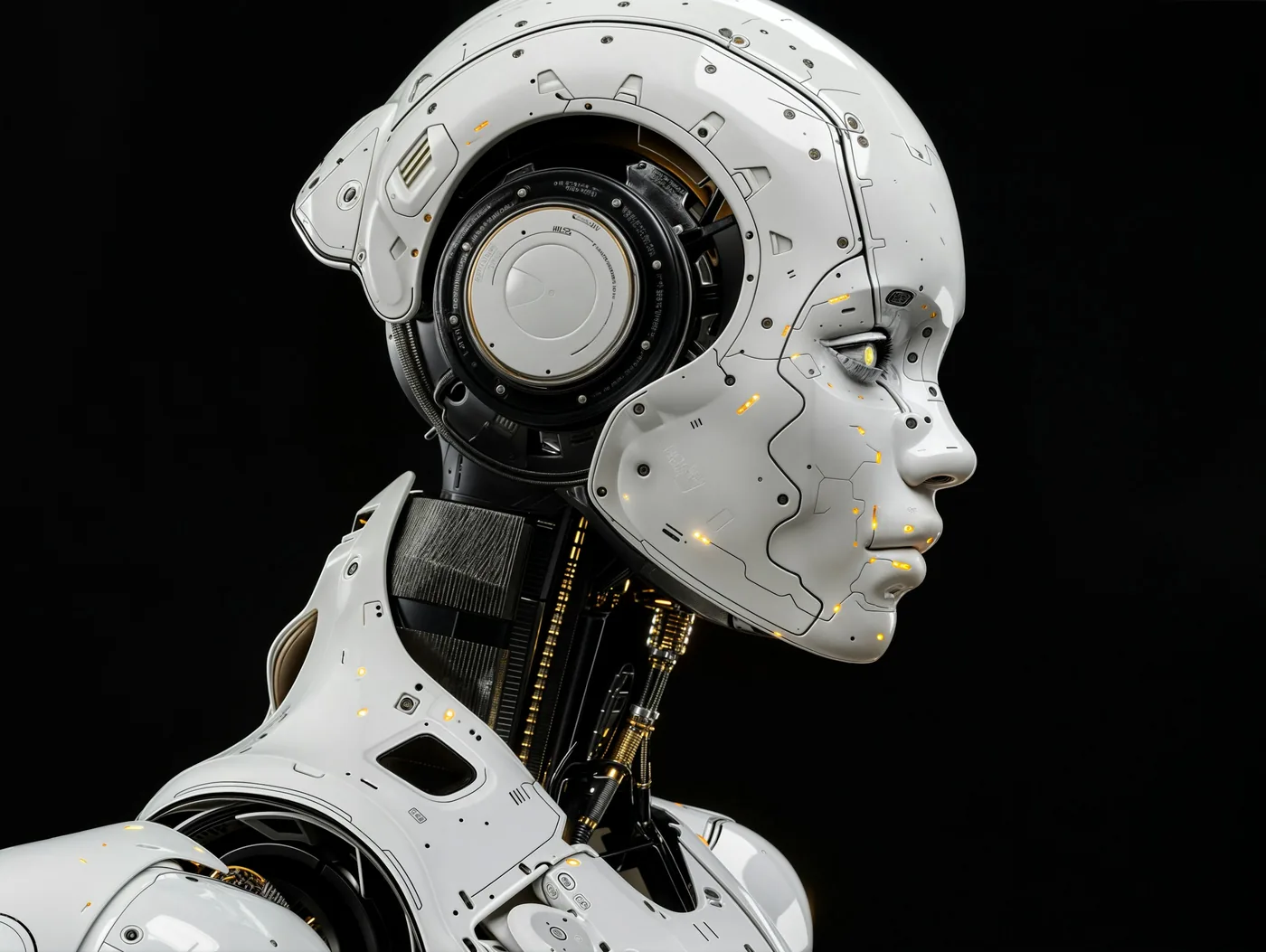 Profile of a white humanoid robot head against black
