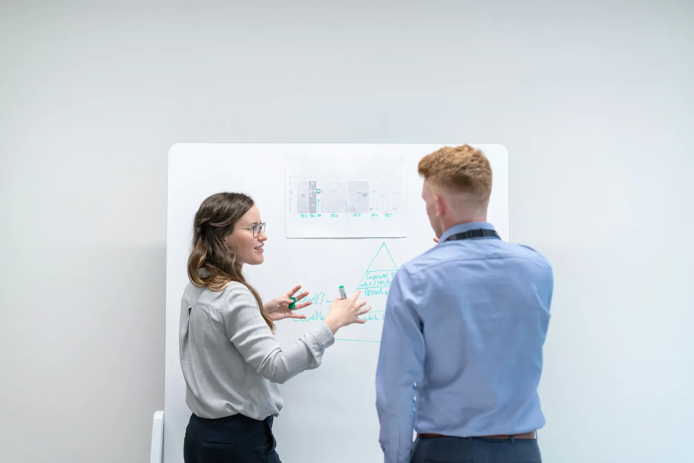 Two colleagues sketching a system design on a whiteboard